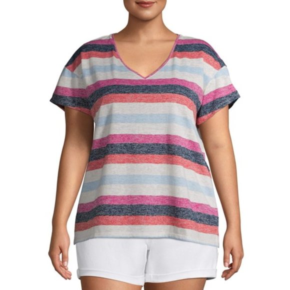 Terra & Sky Women's Plus Size Striped V-Neck Shirt - Picture 1 of 6